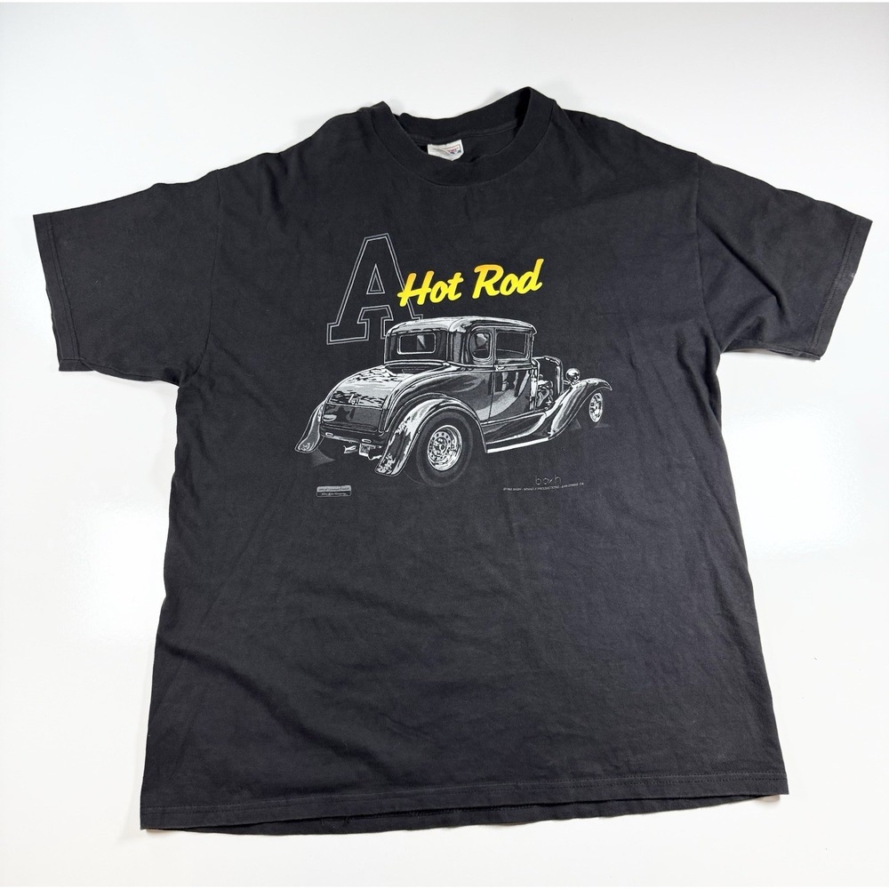 VTG 80s Hot Rod Graphic T-Shirt Mens XL Hanes Beefy-T Black Single Stitch Tee